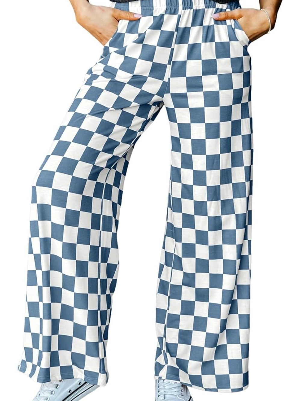 Wide Leg Checkerboard Pants - Blue & White - Picture 4 of 8